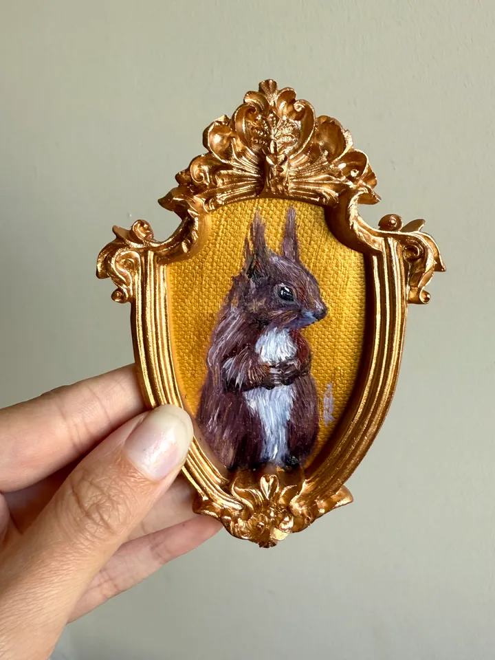 Framed Squirrel Oil Painting Original Wild Animals Art Cute North Squirrel Painting Gold Frame Victorian Painting