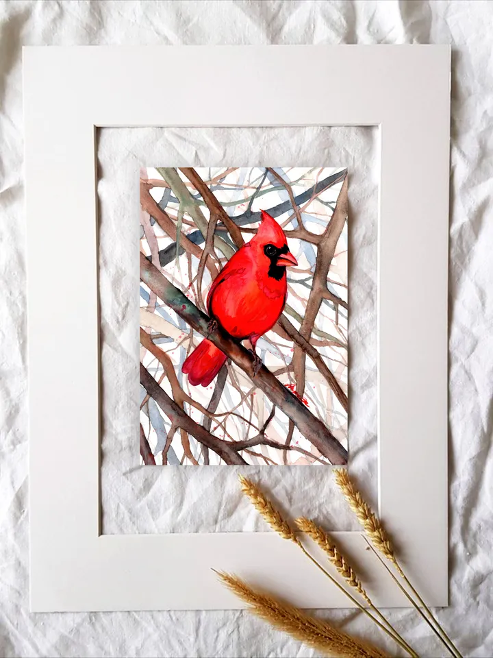 Red Cardinal Bird Watercolour, bird painting, wall decor, birds lover gift, 8x11 in handmade art by Anne Gorywine