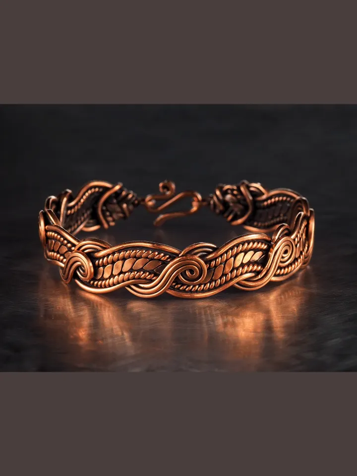 Wire wrapped bracelet, Unique 7th 22nd Wedding Anniversary gift idea, Art Nouveau antique style, One of kind braided statement bangle, Handmade oxidized pure copper woven wire elven jewelry, Pain relief, EMF protection, Hippiу accessory, Unique antique st