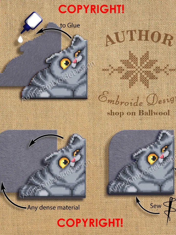 Gray cat corner bookmark cross stitch pattern PDF download Cat cross stitch chart, Cat bookmark pattern digital PDF, Cat lover gift #B423