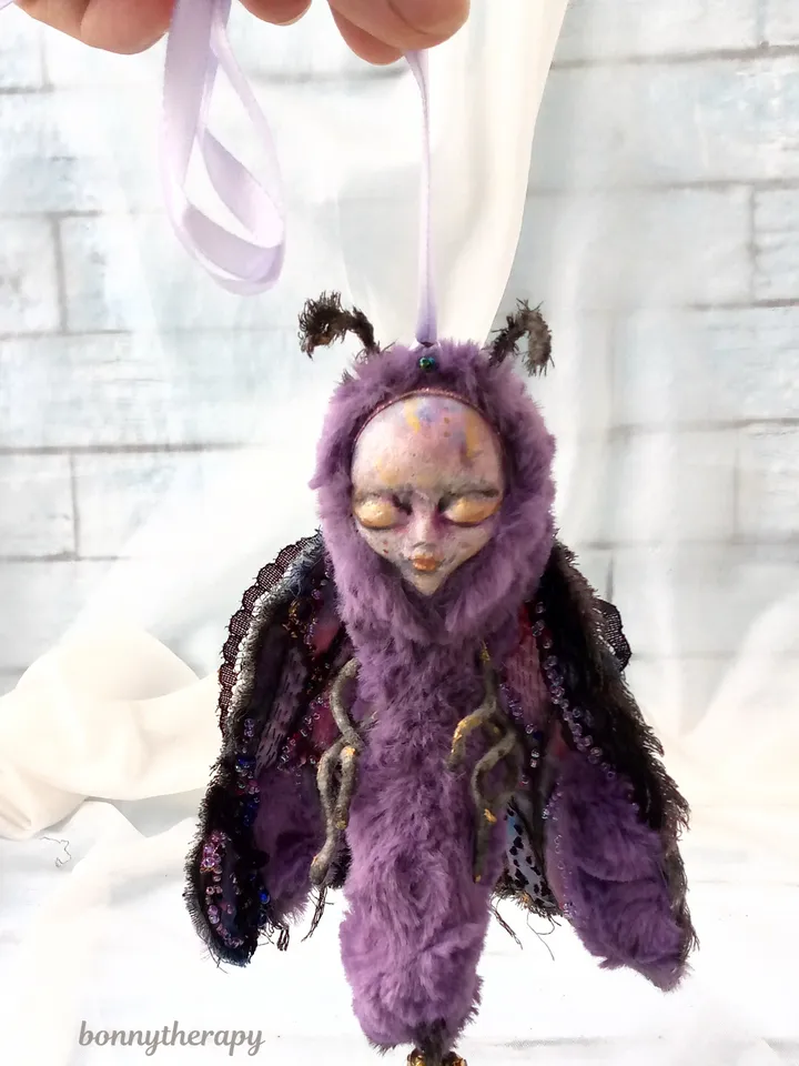 Art doll Moth 5.9 inches, Fantasy cute creature.