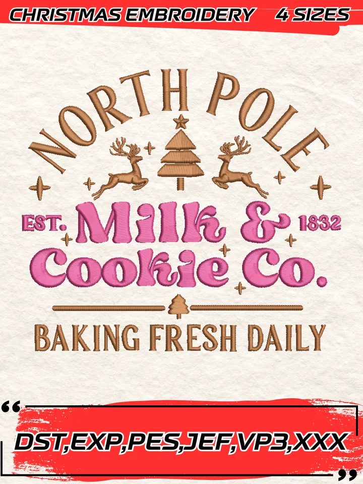 North Pole Milk Cookie Embroidery Design,Christmas Embroidery Design,4 Sizes, Digital Download