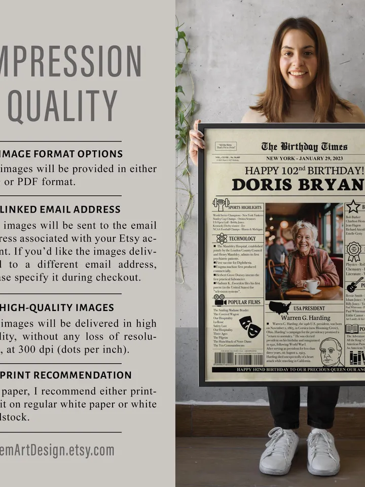 102nd Birthday Newspaper Poster Born in 1923 Printable Birthday Decor Unique 102 Year Old Gift for Grandma or Grandpa Back in 1923 Sign