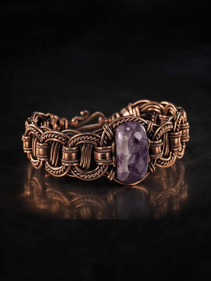 Copper wire wrapped bracelet with amethyst for lady Antique style WireWrapArt