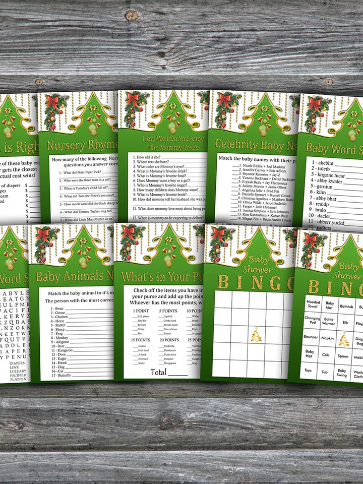 Christmas tree baby shower games bundle,Christmas tree Baby Shower games package,Fun Baby Shower Games,9 Printable Games