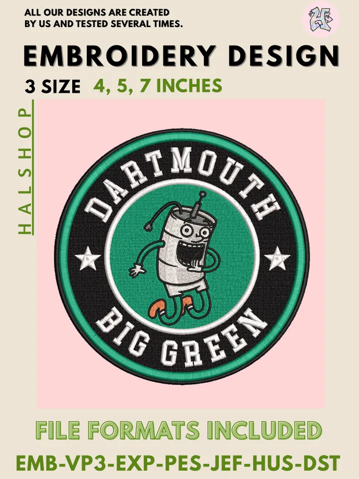 Dartmouth Big Green NCAA Team Funny Mascot Logo Embroidery Design Files – College Sports Machine Embroidery, 3 Sizes, Digital Instant Download