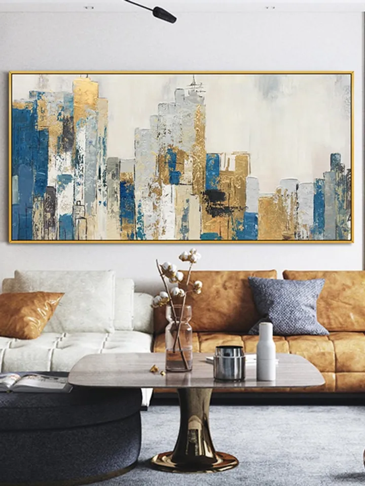 Original Cityscape Oil Painting on Canvas, Large Abstract Gold Leaf City Landscape Acrylic Painting, Modern Blue Living Room Wall Art Decor