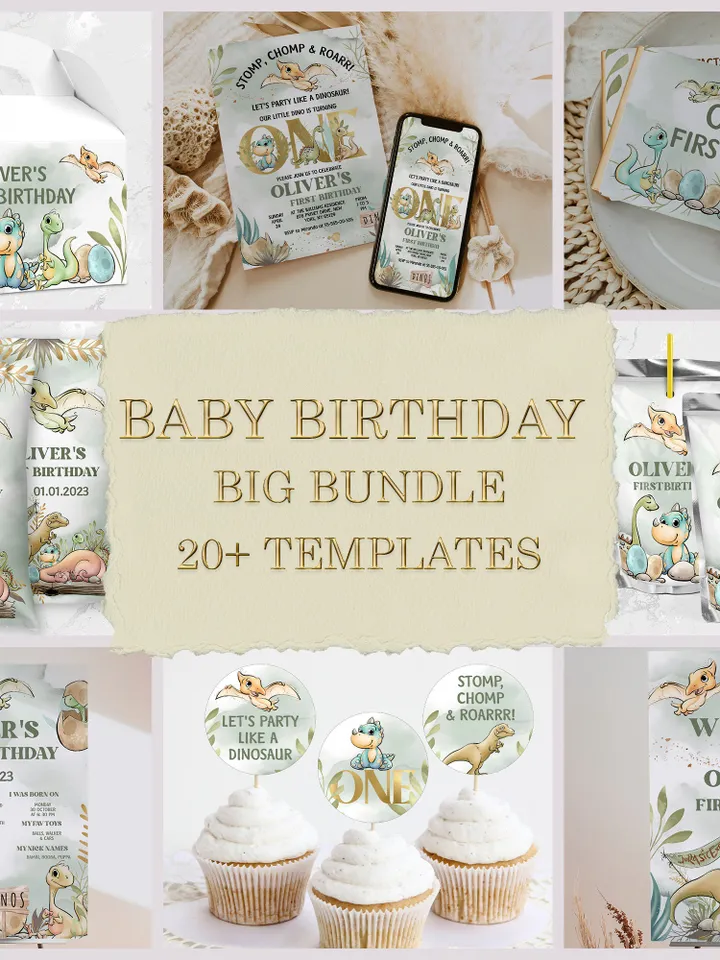Editable BIG BIRTHDAY BUNDLE Dinosaur Party First Birthday ; Dinosaur Birthday Party; Dinosaur Party Birthday Template Instant Download; di1