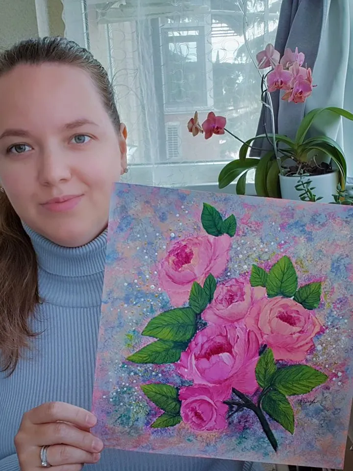 Pink Roses Painting Flower Original Art Floral Bouquet Wall Art Acrylic Painting