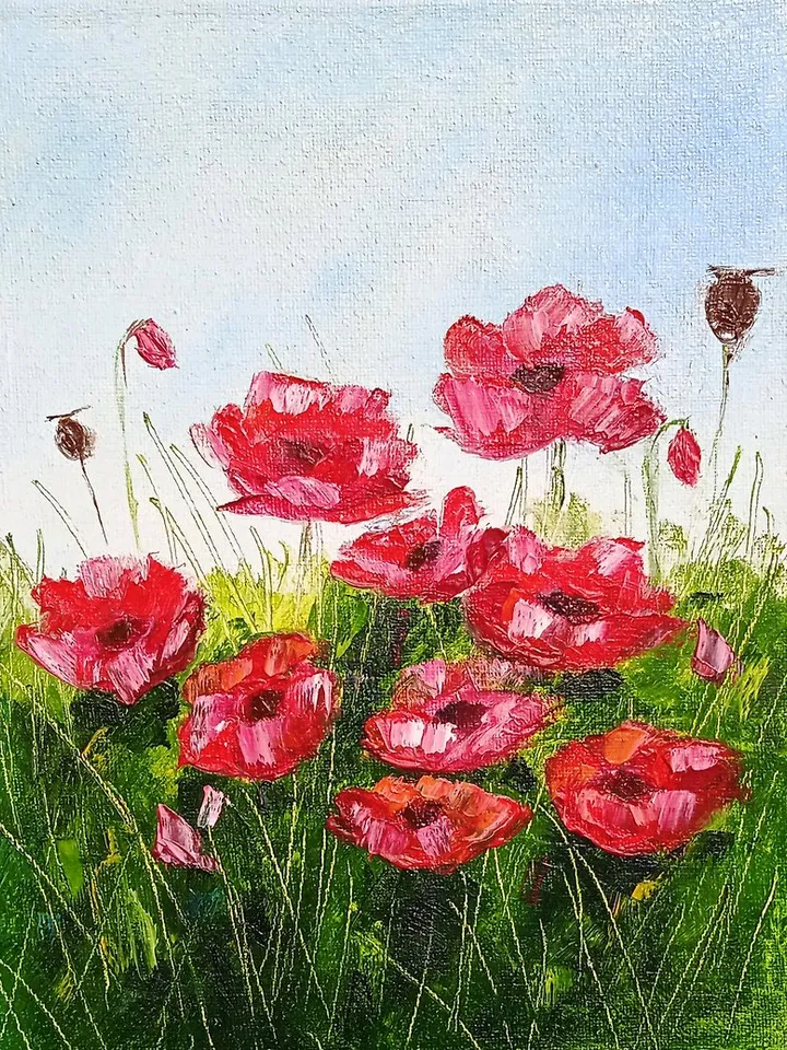 Oil painting, Bright red flowers, Canvas, Meadow Art, Red Poppies,Impasto Art