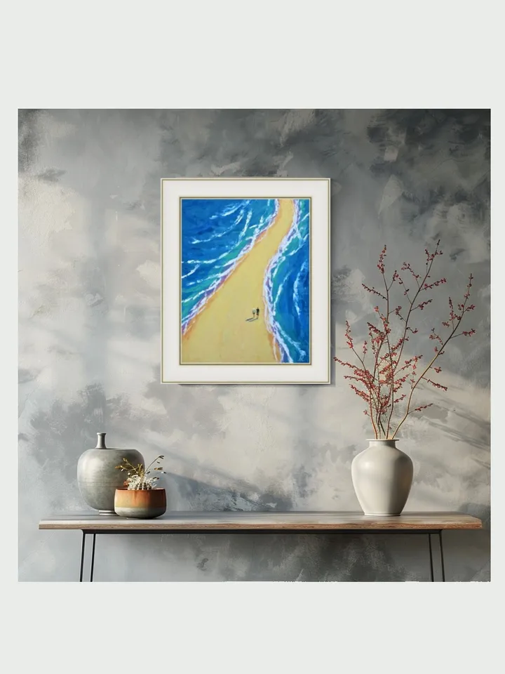 Ocean Shoreline Artwork - Original Palette Knife Oil Painting of a Couple on the Beach on Canvas