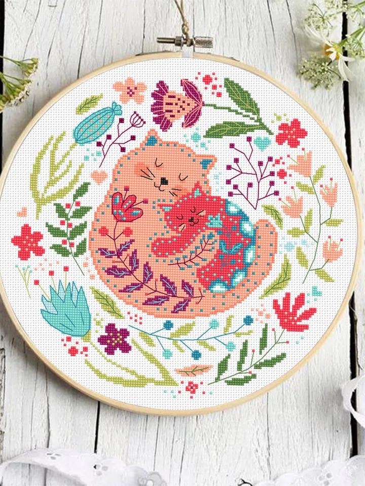 Floral cats cross stitch pattern PDF download Scandinavian folk cross stitch chart Nordic cross stitch Scandinavian ornament embroidery #K25