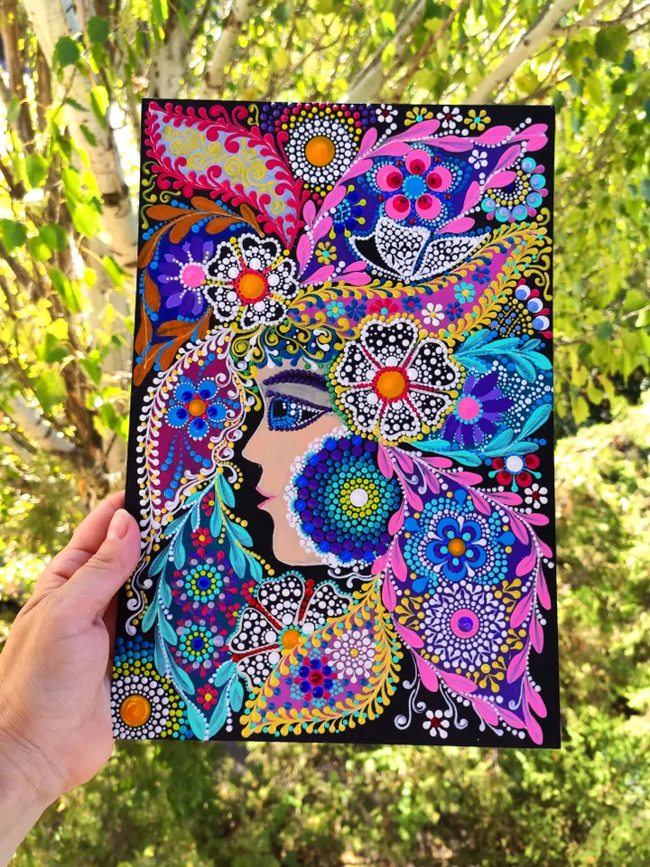 Girl Dot Painting. Floral Portrait Acrylic Original Art 30 by 20 cm / 12 by 8 ''
