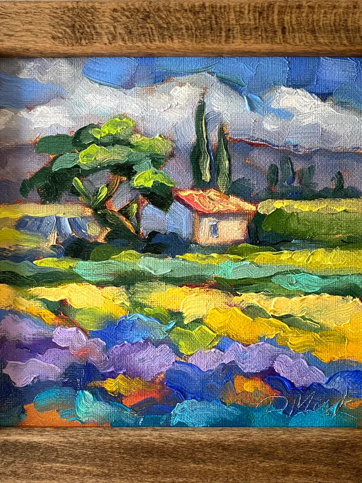 Lavender Fields Painting Tuscany Original Art Landscape Oil Painting Impasto Small Artwork 6x6 Tuscan Serenity Painting Wild Flowers