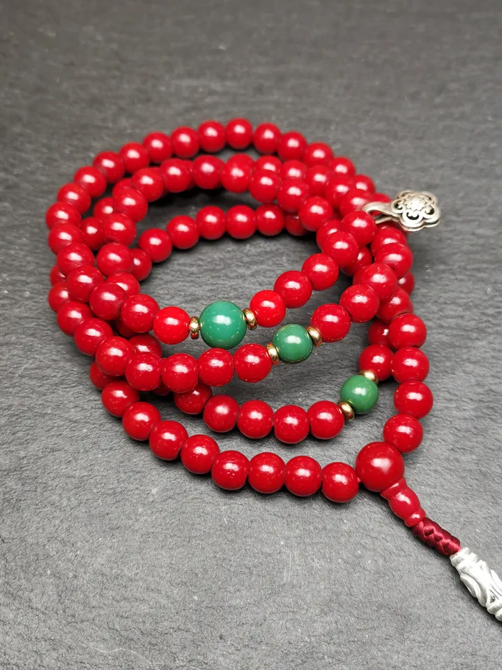 Gandhanra Old Tibeatan Red Glass Mala,8mm Prayer Beads with Turquoise Beads Silver Dzi Bead