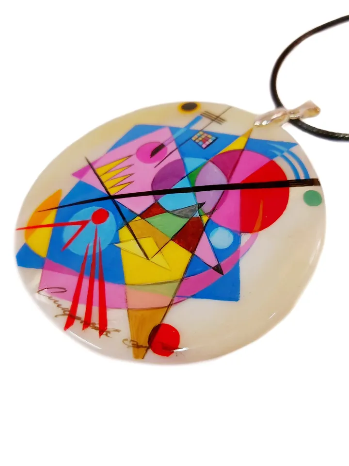 Mother-of-pearl Russian hand-painted necklace pendant. Jewelry. Abstraction. Kandinsky. Hand paint mother of pearl necklace.