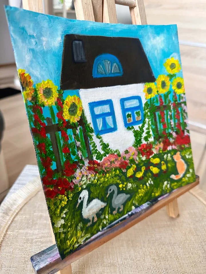 Oil Painting House in the Village Summer Rural Landscape Pets and Birds Cardboard 8x8 inches 20x20 cm Wall Decor