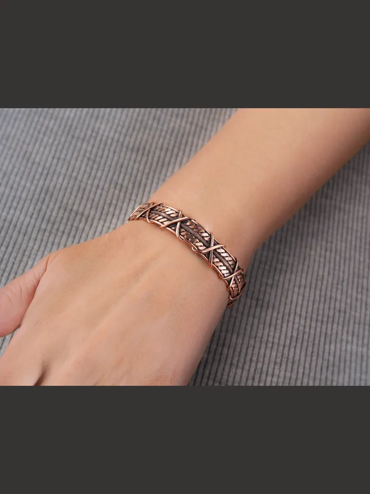 Wire wrapped bracelet, Unique 7th 22nd Anniversary gift idea, Art Nouveau antique style, One of kind braided statement bangle, Handmade oxidized pure copper jewelry, Pain relief, EMF protection