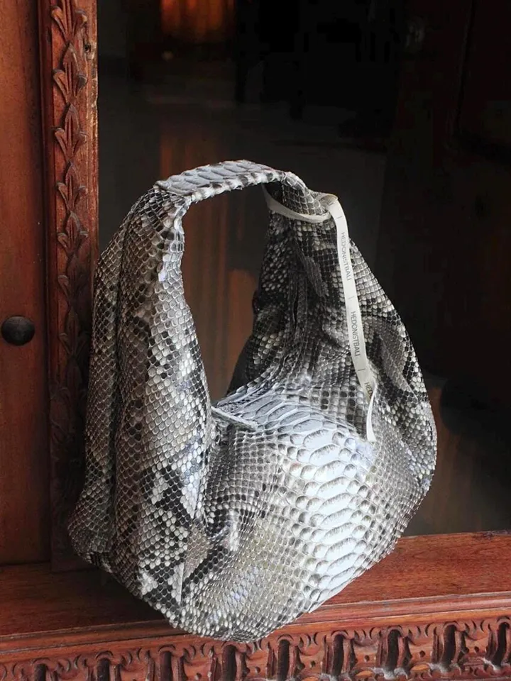 Medium Soft Hobo Classy Sport Woman Bag | Purse Genuine Python Skin | Reptile Skin Products | Gray Elegant Leather Designer Soft Bag Snake