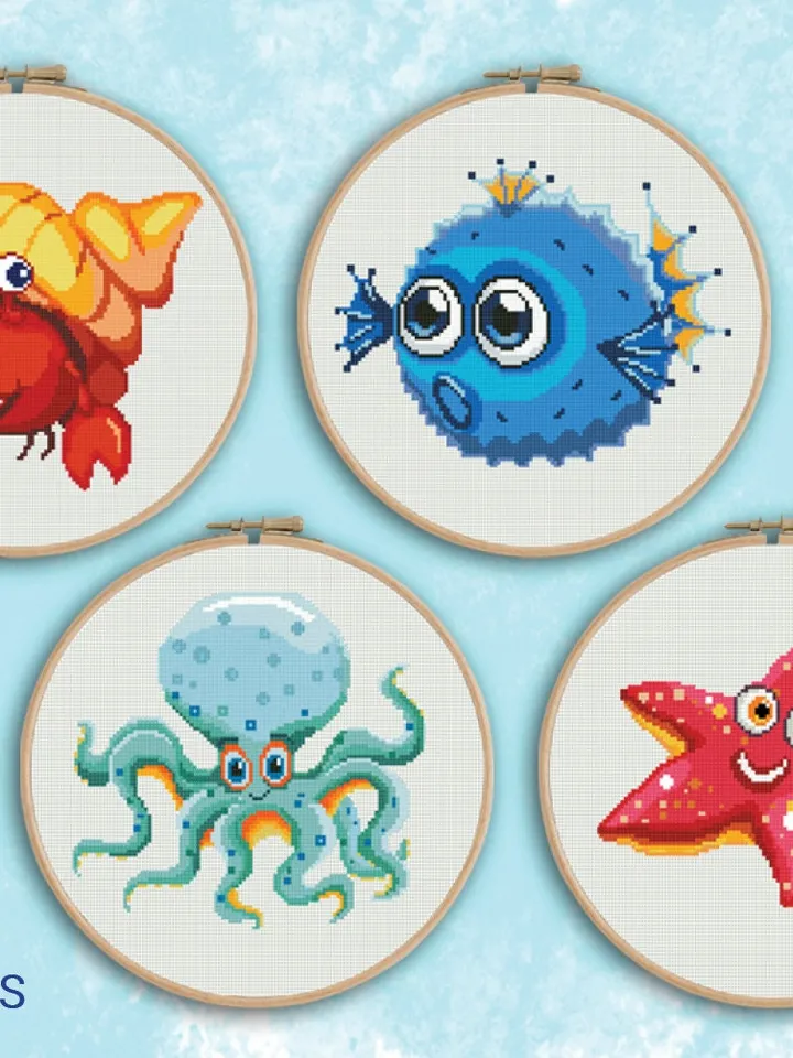 Sea Cross Stitch Patterns Bundle  – Fish, Octopus, Star, Crab shell | Embroidery Pattern | Instant Download | Embroidery Designs
