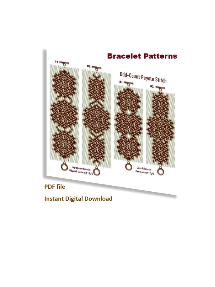 Cuff Bracelet Odd-Count Peyote Stitch Bead Patterns, Miyuki Delica or Czech beads Preciosa, Instant Download