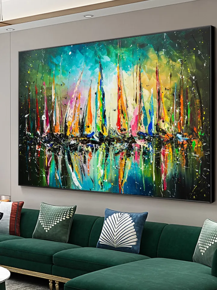 Original Painting On Canvas, Abstract Colorful Sailboat Oil Painting, Seascape Painting, Large Wall Art,Living Room Wall Decor,Wall Hangings