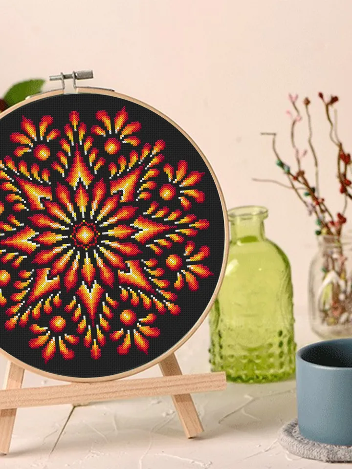 Colorful mandala cross stitch pattern download PDF, Easy mandala ornament hand embroidery PDF, Modern beginner stitch, DIY Home decor #M301