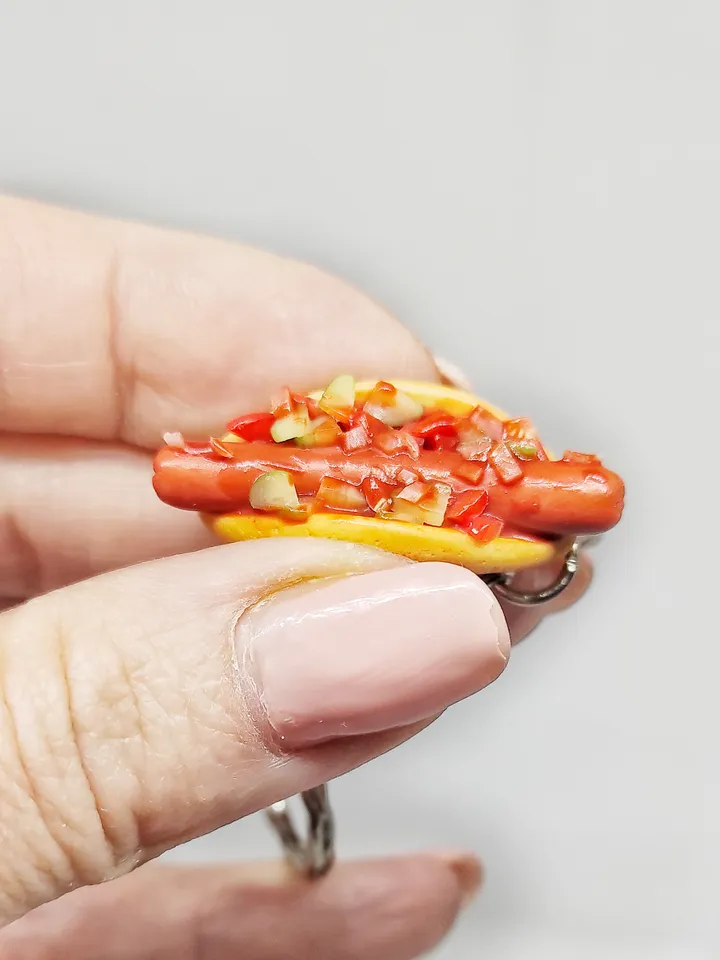 Realistic hot dog on keychain, food keychain, gift idea, fast food on keychain, bag accessory, keychain with decor