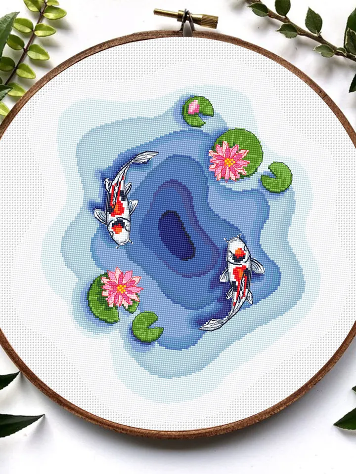Koi pond cross stitch pattern download PDF, Koi fish cross stitch chart, Fish embroidery design, Oriental decor Water lily cross stitch #L45