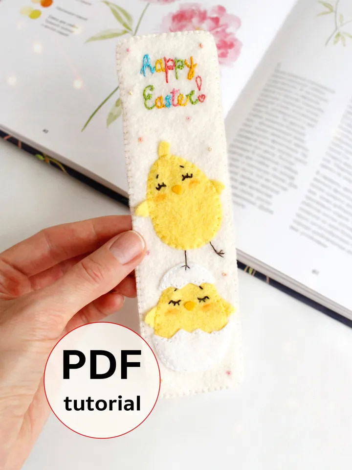 Felt "Happy Easter!" bookmark hand sewing PDF tutorial with patterns. DIY Easter ornament. Book lover gift. Felt school supplies