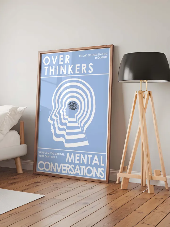Overthinkers Wall Art Digital Print Retro Style Creativity Poster Eclectic Printable Artwork Trendy Room Decor Instant Download Blue White