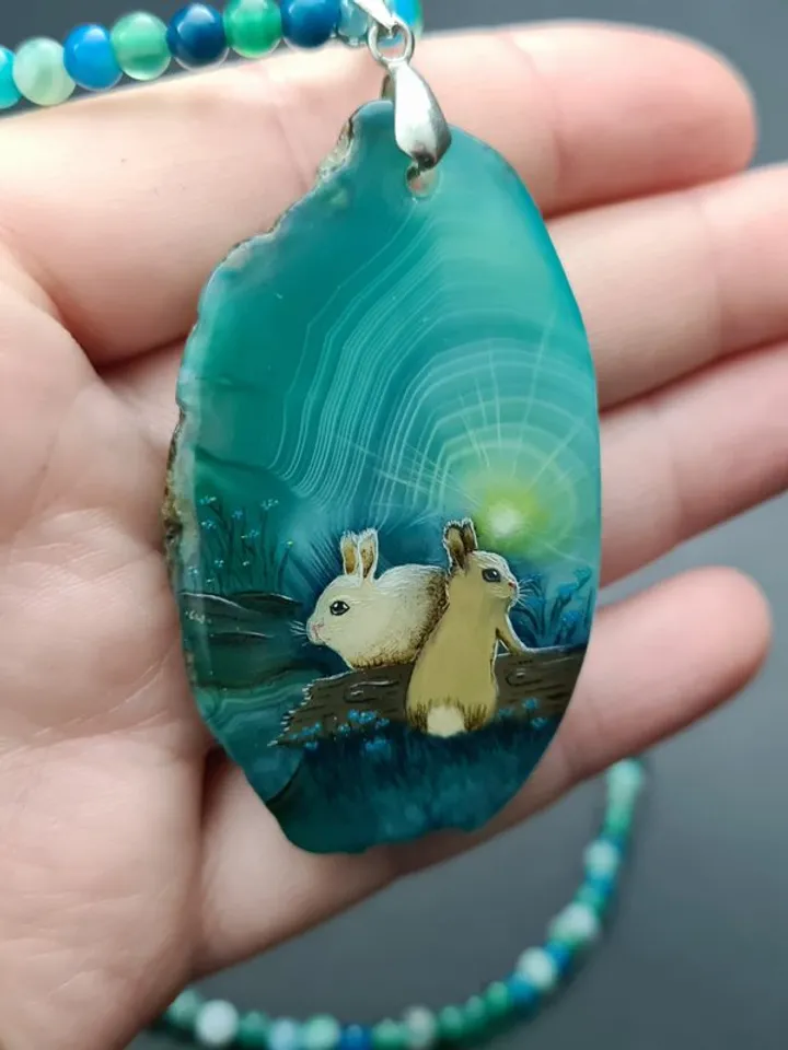 Necklace with two baby rabbit or hare Oil painting on green Agate pendant stone