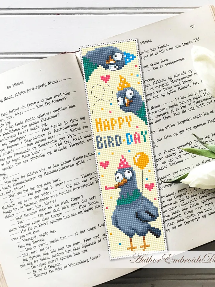 Birthday bookmark cross stitch pattern PDF download Pigeon cross stitch chart, Bookmark pattern digital PDF for beginners, Funny birds #B459
