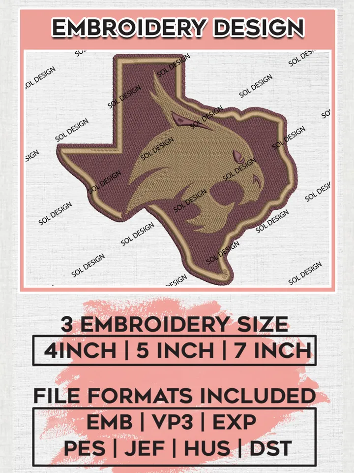 NCAA Texas State Bobcats Team Map Logo Embroidery Design Files, NCAA Texas State Bobcats Machine Embroidery, NCAA Teams, Game Day, 3 sizes, NCAA Machine embroidery designs, Digital Download