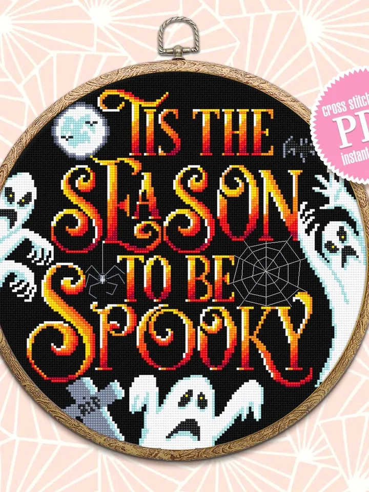 Halloween quotes cross stitch pattern download PDF Spooky ghost cross stitch chart, Tis the season to be spooky, Halloween cross stitch #H19