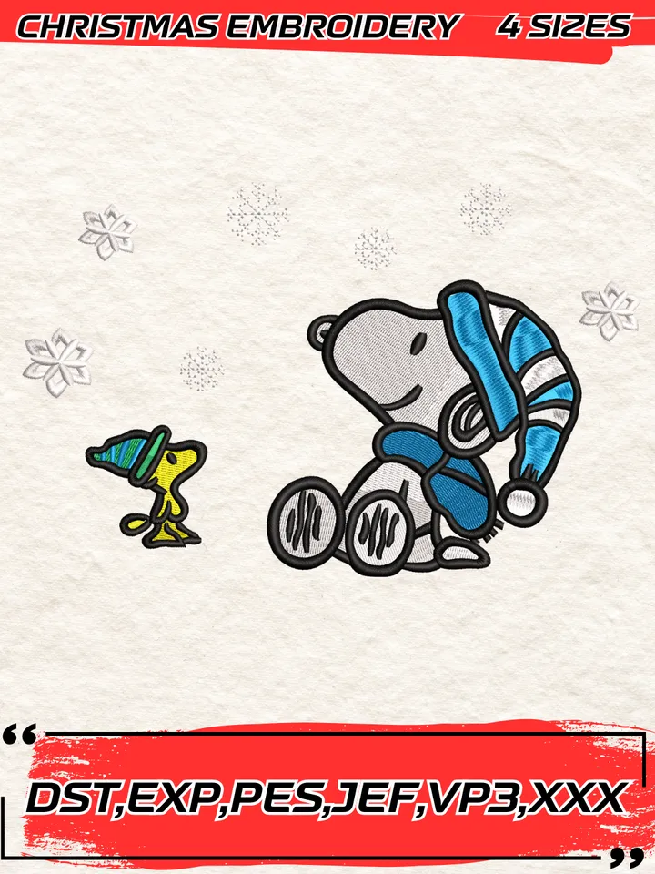 Snoopy and Woodstock Christmas Embroidery Design,Peanuts Embroidery Digitizing File,4 Sizes, Digital Download