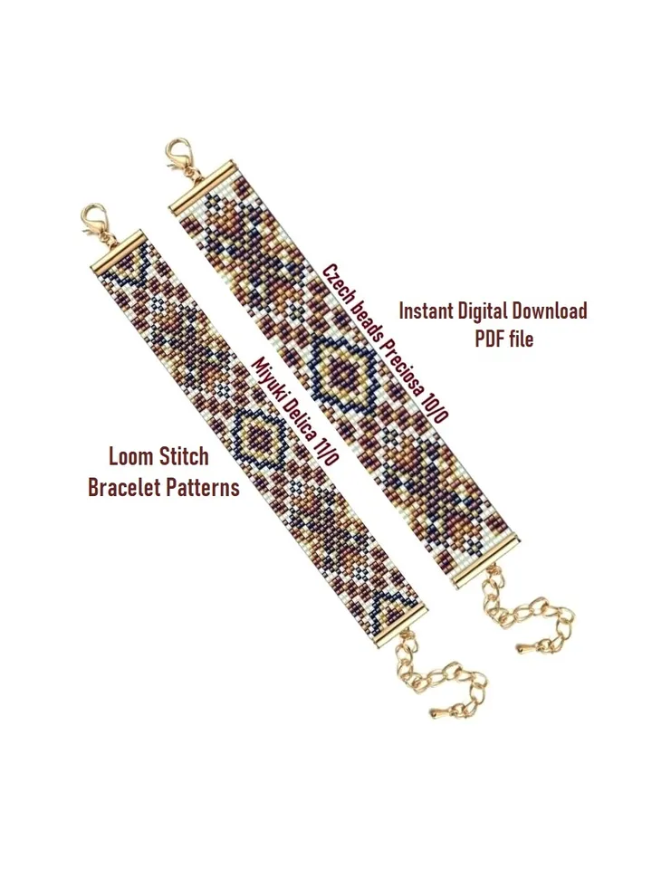 Cuff Bracelet patterns in Loom-Square Stitch technique for Miyuki Delicas and Preciosa. Instant Download