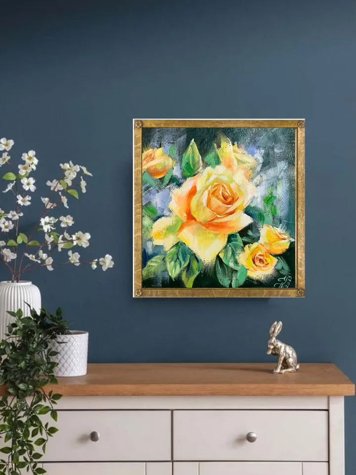 Oil Painting with Yellow Roses, Miniature Wall Art, Anniversary Gift