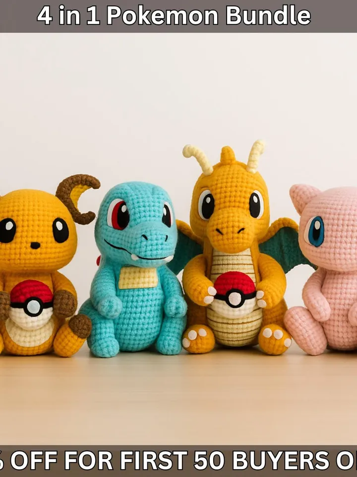 4 in 1 Pokemon Crochet Pattern PDF Bundle, PDF Digital Download - Dragonite,Raichu & two other