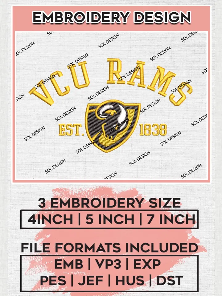VCU Rams Est 1838 Logo Embroidery Designs, NCAA VCU Rams Team Embroidery, NCAA Team Logo, 3 sizes, Machine embroidery Files, Digital Download