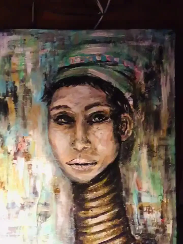 Woman girrafe painting,fantasy woman mix media art,3 d stretched canvas,woman with rings around her neck,Birma traditional woman.