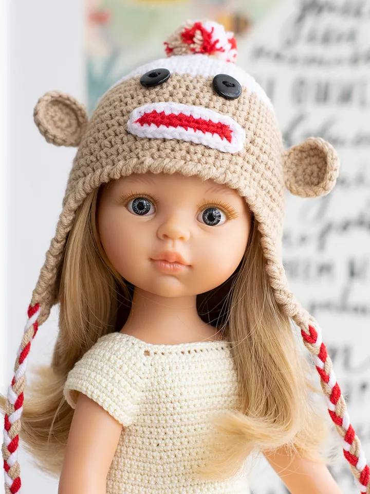 Monkey hat for Paola Reina doll, Meadowdolls Dumplings, Little Darling, Siblies, animals hat with ears for Halloween