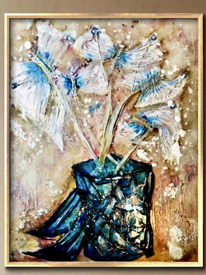 Fantasy butterflies in a vase Poster made from my original stained glass painting,unique design,home decor gift.