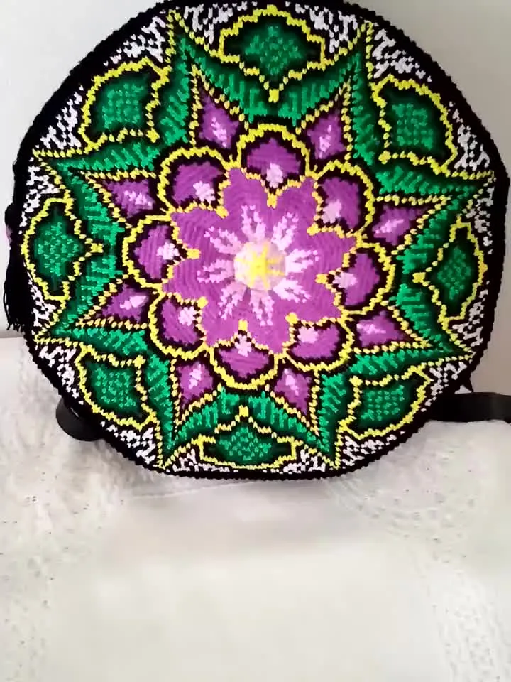 Green purple crochet bag Floral crochet round bag Art to wear purse Crochet festival bag Wayuu style bag Floral mandala Unique crochet bag