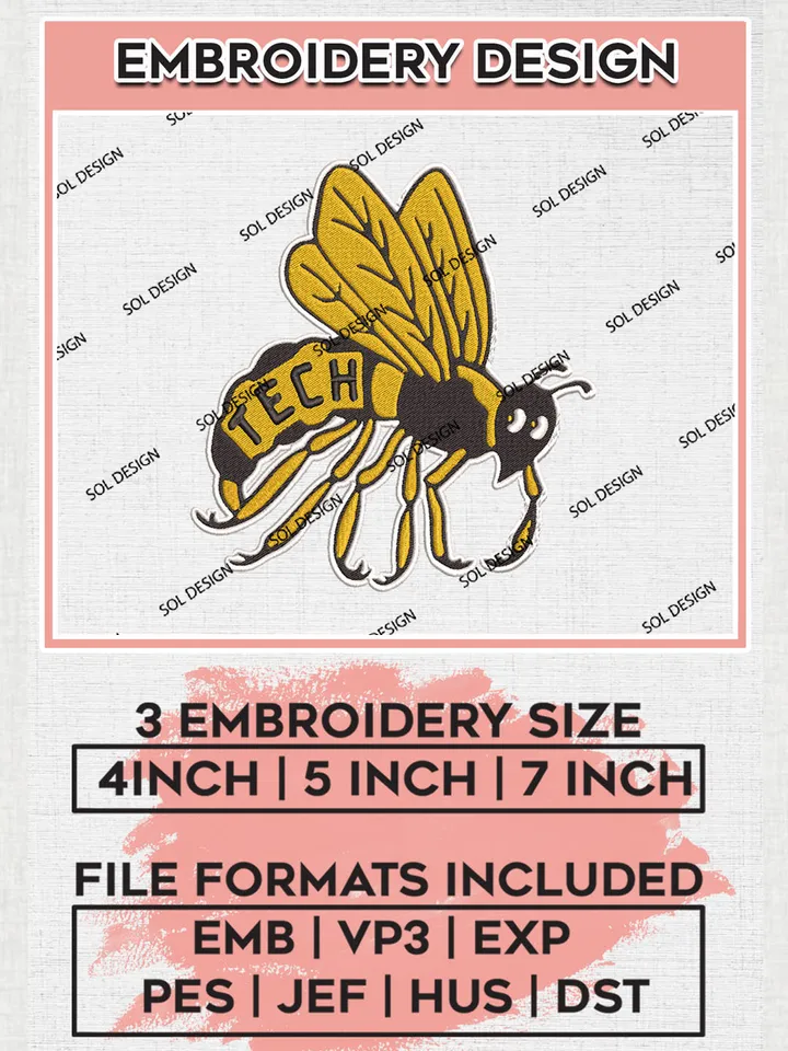 Georgia Tech Yellow Jackets NCAA Team Mascot Logo embroidery designs, NCAA Georgia Tech Yellow Jackets Logo Machine embroidery designs, NCAA Team Logo embroidery designs, NCAA Game Day Machine embroidery designs, Digital Download