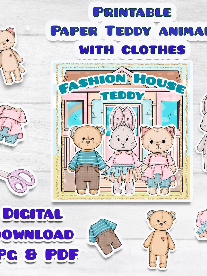 Printable Paper Teddy doll house, printable Teddy clothes set, Printable Paper dollhouse, Holiday Blythe paper doll Busy book printable kids