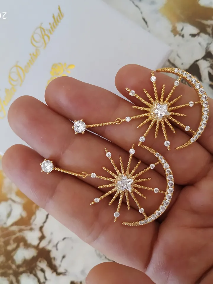 Art deco Big Star Silver Wedding Earrings For Bride , Boho Bridal Earrings, Celestial Statement Earrings, Swarovski Crystal Wedding Jewelry