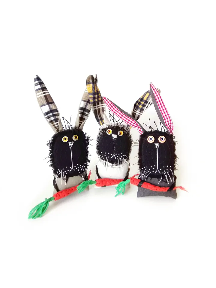 Handcrafted Quirky and Unique Fabric Art Bunnies: One-of-a-Kind Fun Delightful Interior Decor Toys with a Spooky Twist. FREE SHIPPING!