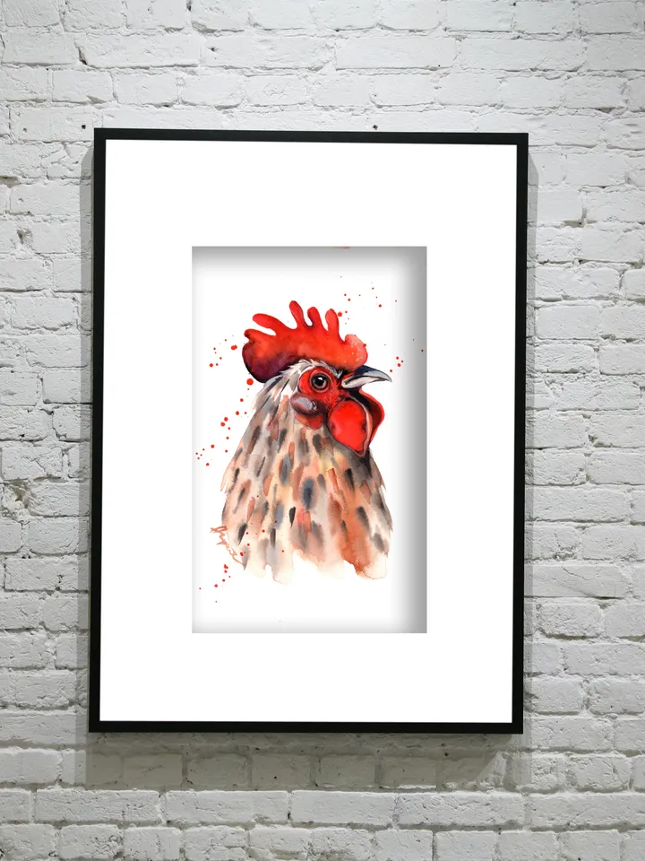 Rooster Original watercolor, farm bird painting, wall decor, 8x11 in handmade art by Anne Gorywine