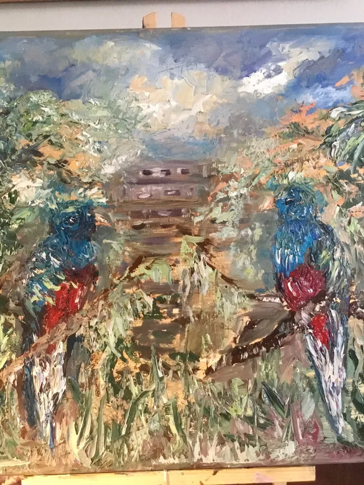 A couple of quetzal birds,mayan pyramid on the background, colourful impasto oil painting on stretched canvas ,wall art,couple love gift